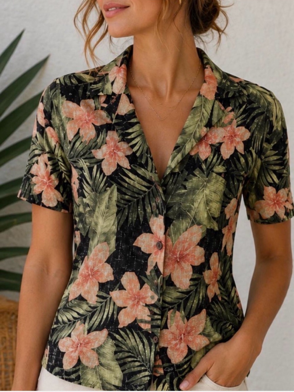 Rails tropical Hawaiian Floral Button-Front aloha shirt Top Black Peach green